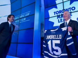 TORONTO, ONTARIO: July 23 2015 -  Brendan Shanahan (left), Toronto Maple Leafs president and alternate governor, introduces Lou Lamoriello (right), the teams new general manager, during a press conference in Toronto, Thursday July 23, 2015.   (Tyler Anderson /  National Post)  (For Sports story by Sean Fitzgerald) //NATIONAL POST STAFF PHOTO